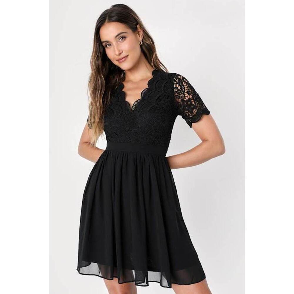 Lulus Angel In Disguise Black Lace Skater Dress - Size S